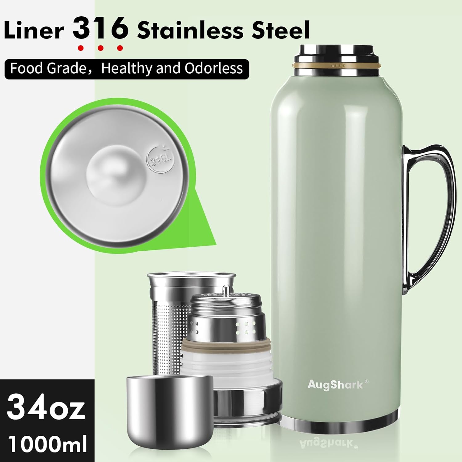 34 oz Insulated Water Bottle, Green Vacuum Stainless Steel Water Flask Jug with Handle & Metal Mechanical Temperature Measuring Cup Lid, Leakproof Travel Bottle Keep Cold 36h Hot 24h