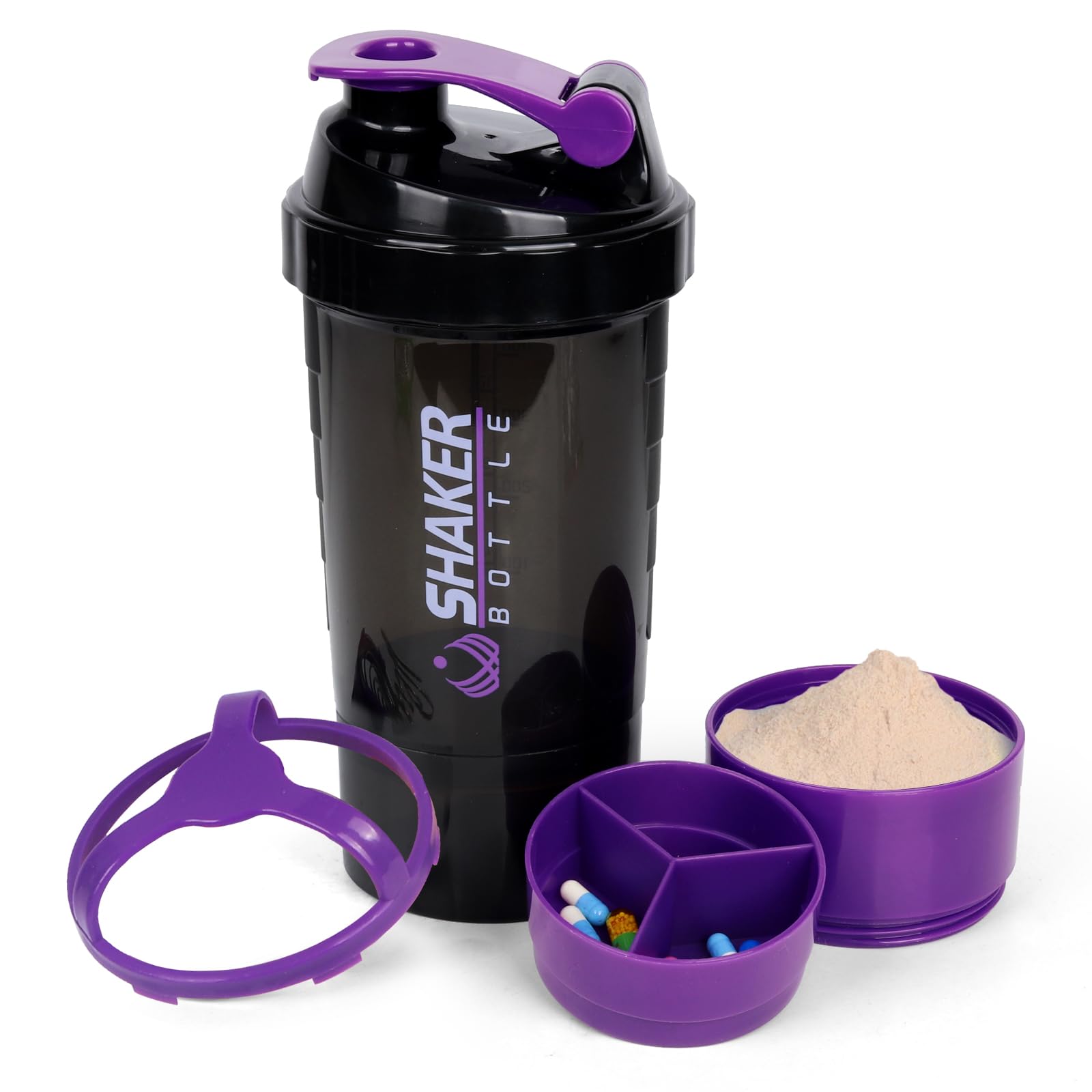 XTK Shaker Bottle Protein Shaker Bottles with Storage and Mix Ball, 16OZ Sports Water Bottle with Pill Organizer,Leak Proof Portable Shaker Cup for Protein Mixes and Pre Work Out,BPA Free(white)