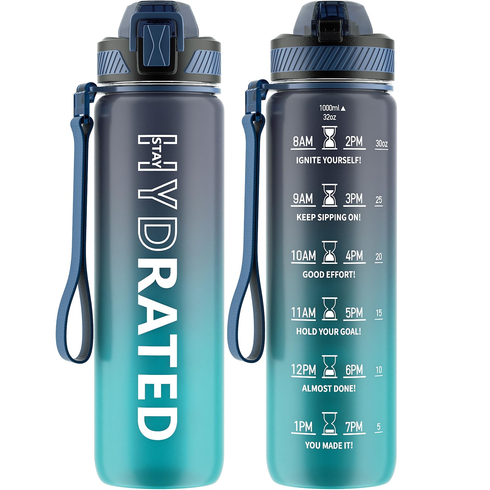 Water Bottle with Straw, 32oz Motivational Water Bottles with Time Marker to Drink, Tritan BPA Free, 1L Sports Water Bottle with Carry Strap LeakProof for Women Gym Fitness Outdoor (1 Pack)