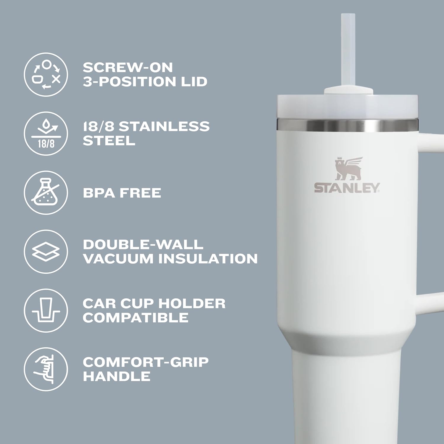 STANLEY Quencher H2.0 Tumbler with Handle and Straw 40 oz | Flowstate 3-Position Lid | Cup Holder Compatible for Travel | Insulated Stainless Steel Cup | BPA-Free | Cream 2.0