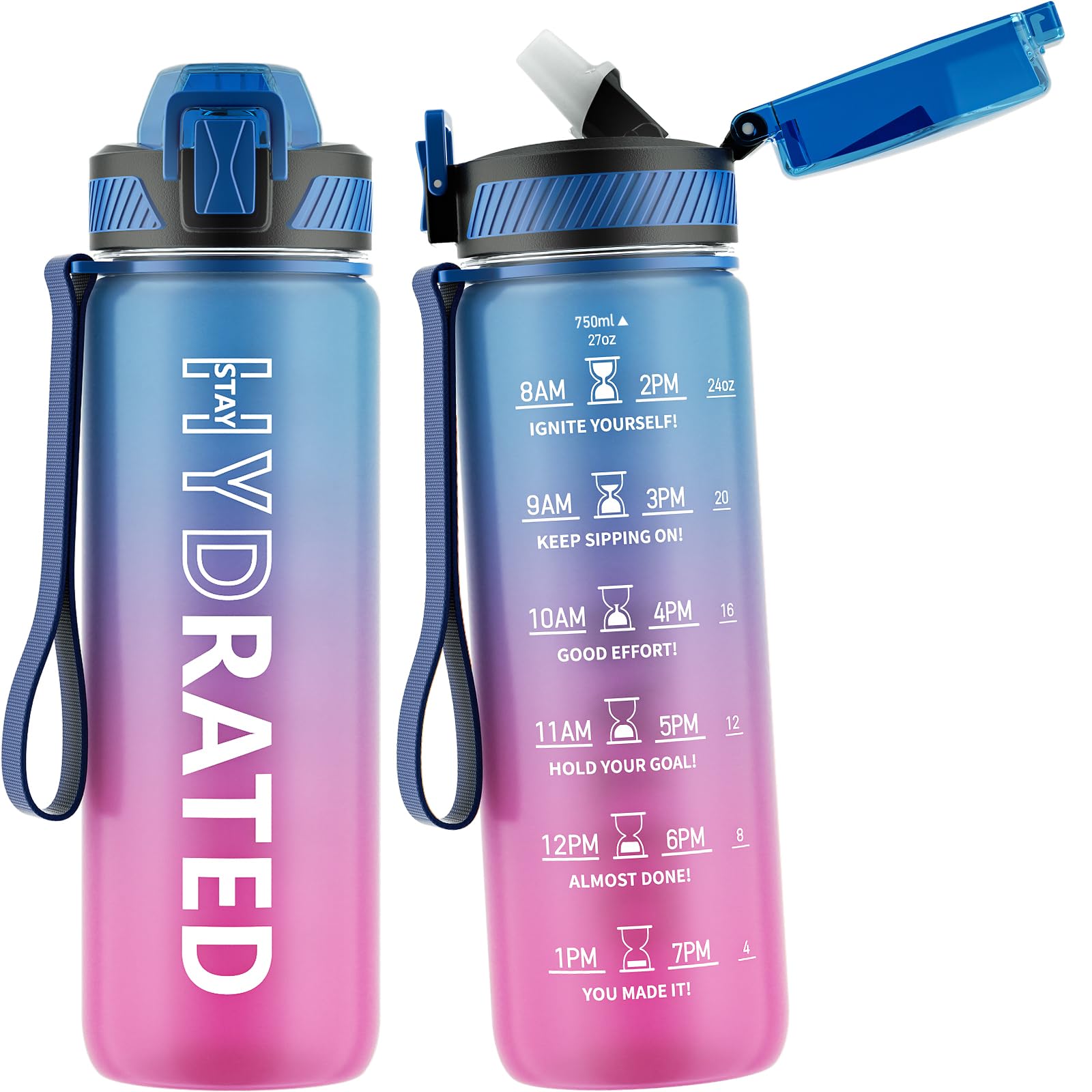 Water Bottle with Straw, 32oz Motivational Water Bottles with Time Marker to Drink, Tritan BPA Free, 1L Sports Water Bottle with Carry Strap LeakProof for Women Gym Fitness Outdoor (1 Pack)