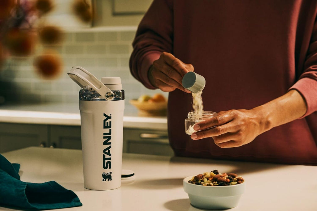 STANLEY Vitalize Shaker Bottle 20 oz | Leakproof Insulated Stainless Steel Shaker Cup | Base Storage and Twist On Fast Flow Lid | Protein Shakes and Pre Workout Powder | BPA-Free | Chalk