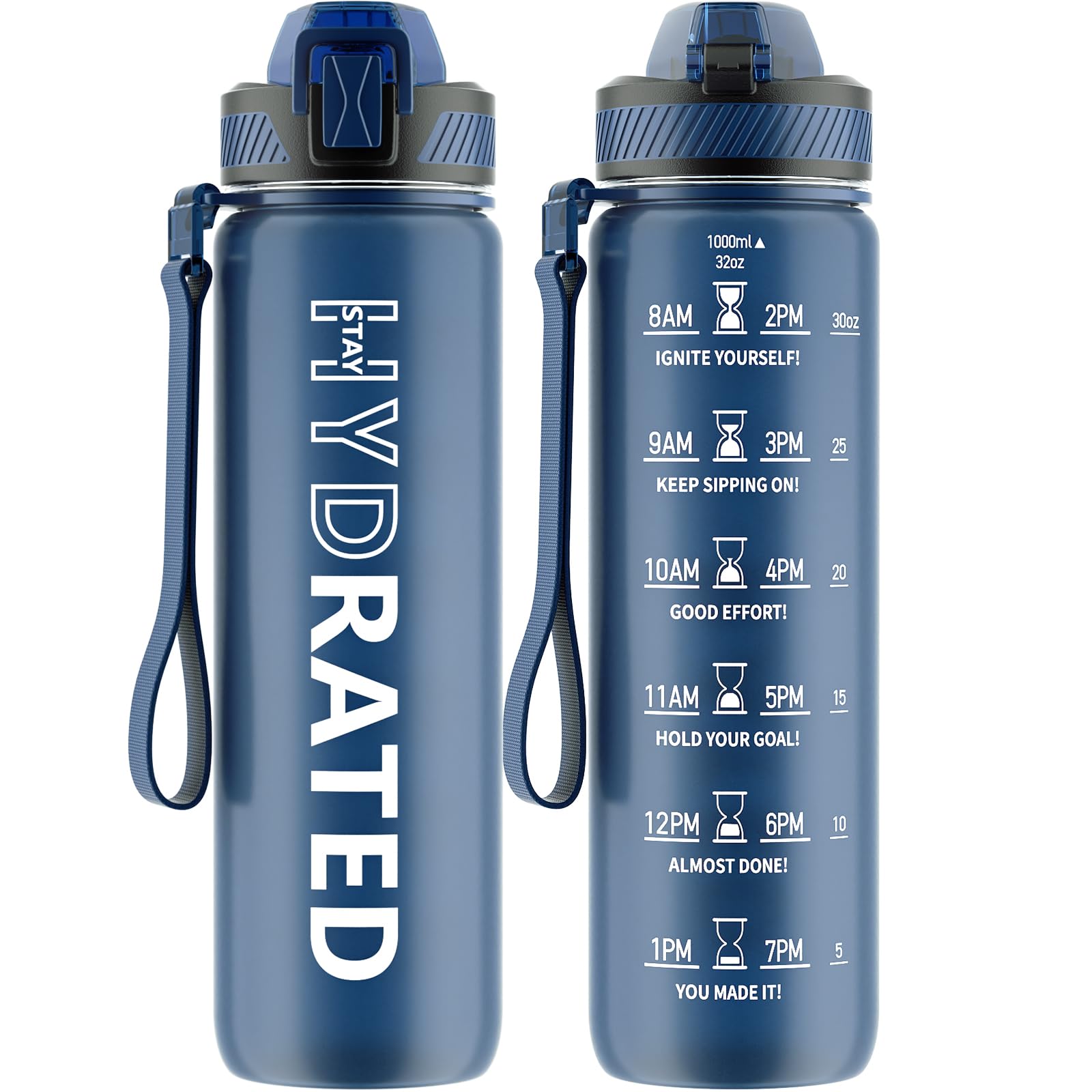 Water Bottle with Straw, 32oz Motivational Water Bottles with Time Marker to Drink, Tritan BPA Free, 1L Sports Water Bottle with Carry Strap LeakProof for Women Gym Fitness Outdoor (1 Pack)