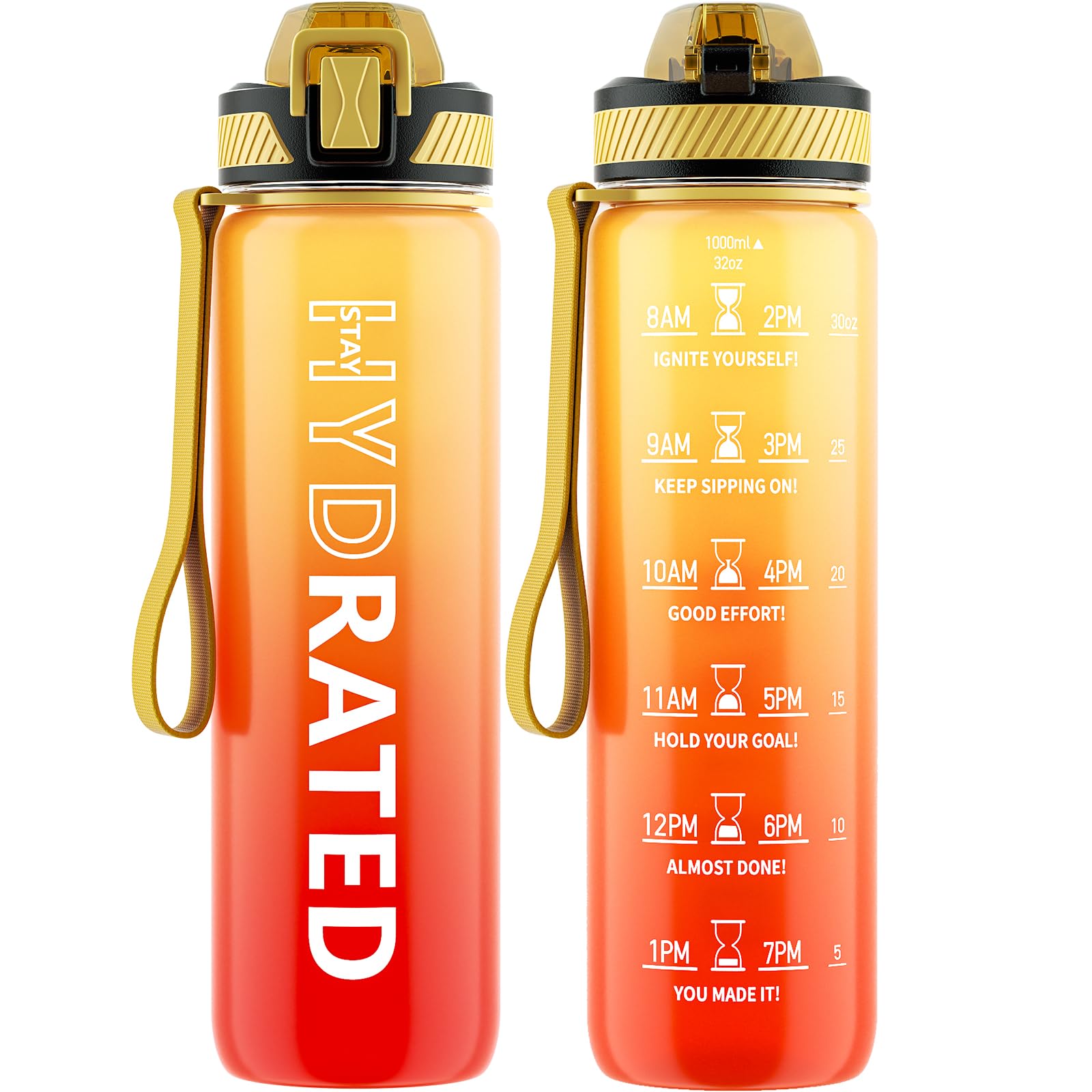 Water Bottle with Straw, 32oz Motivational Water Bottles with Time Marker to Drink, Tritan BPA Free, 1L Sports Water Bottle with Carry Strap LeakProof for Women Gym Fitness Outdoor (1 Pack)