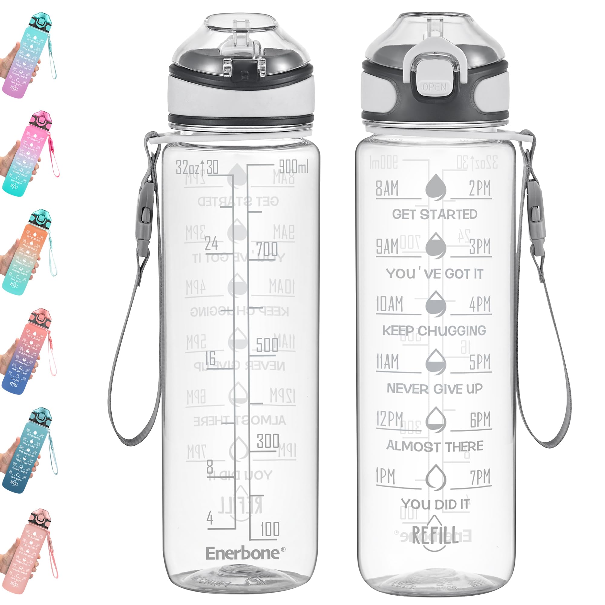 Enerbone 32 oz Drinking Water Bottle with Times to Drink and Straw, Motivational with Carrying Strap, Leakproof BPA & Toxic Free, Ensure You Drink Enough Water for Fitness Gym Outdoor