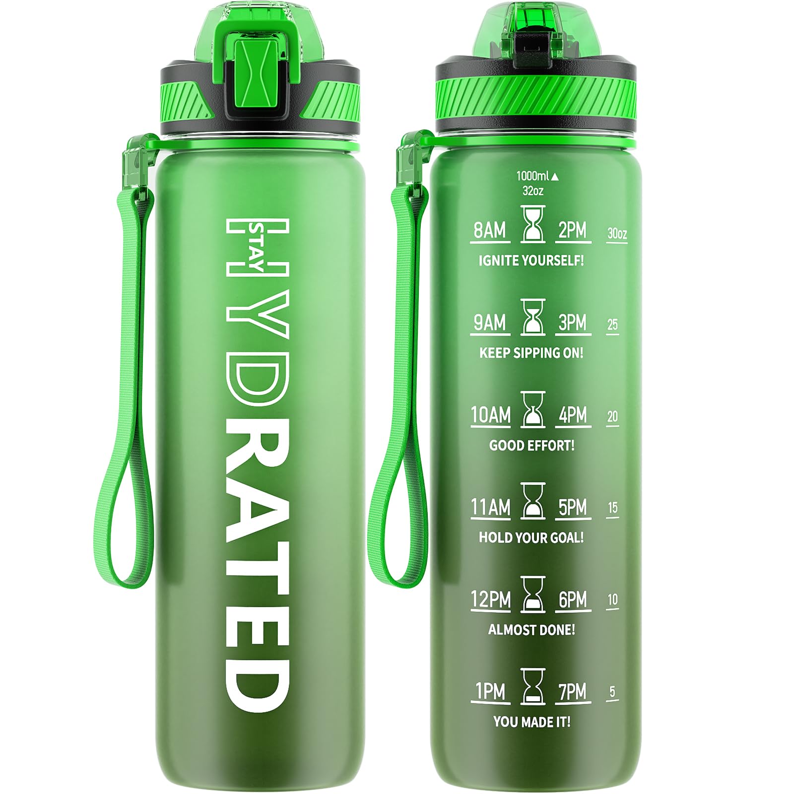 Water Bottle with Straw, 32oz Motivational Water Bottles with Time Marker to Drink, Tritan BPA Free, 1L Sports Water Bottle with Carry Strap LeakProof for Women Gym Fitness Outdoor (1 Pack)